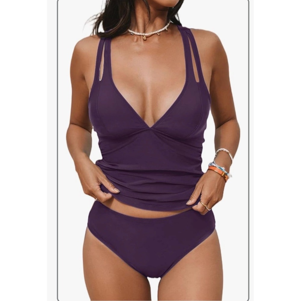 Cupshe Purple Ruched V-Neck Tie Back Tankini Set Swimsuit Women Large
